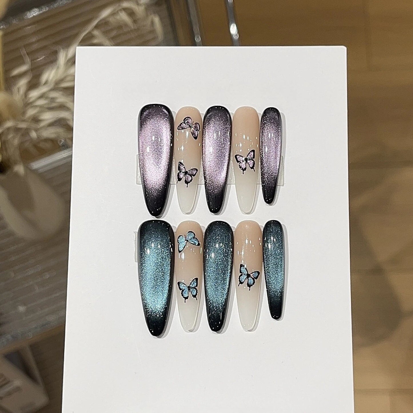 Dreamy Blue-Purple Butterfly Cat-Eye Press-On Nails