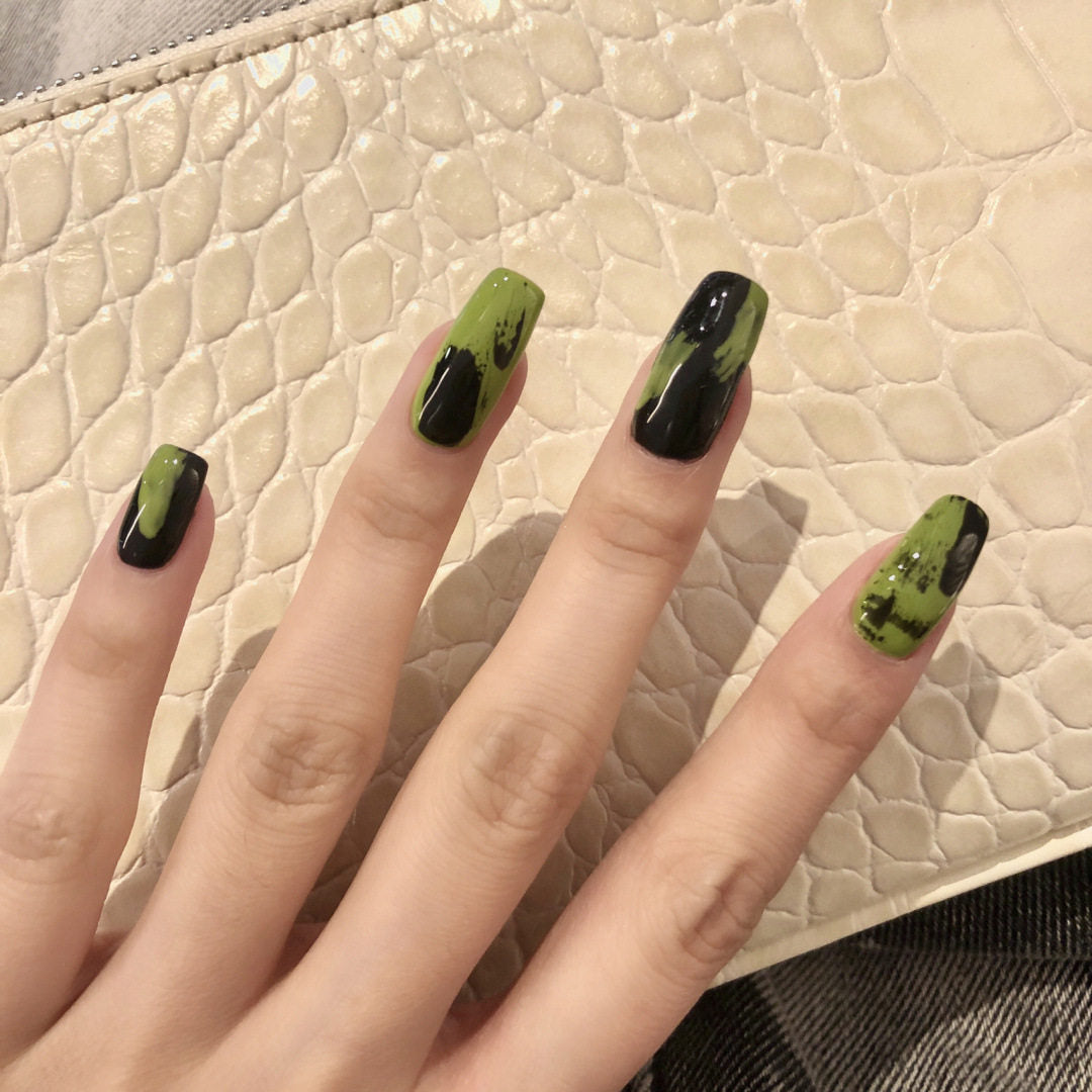 Black Green Graffiti Press-On Nails — Long Edgy Y2K Neon Statement Set