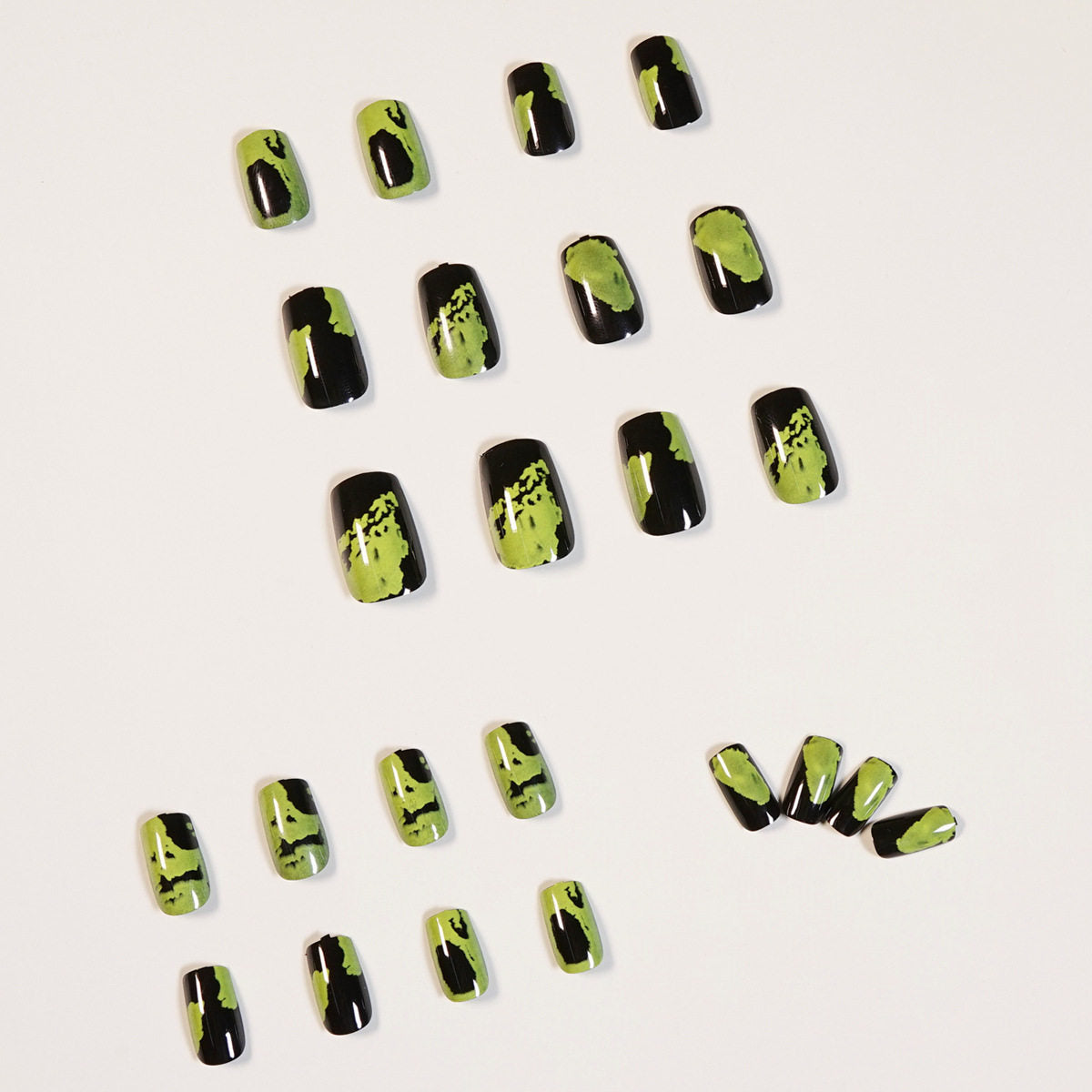Black Green Graffiti Press-On Nails — Long Edgy Y2K Neon Statement Set