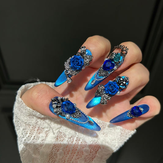 Deep Space Blue Cat-Eye Press-On Nails — Handmade Luxury Long Stiletto Fake Nails (Reusable)