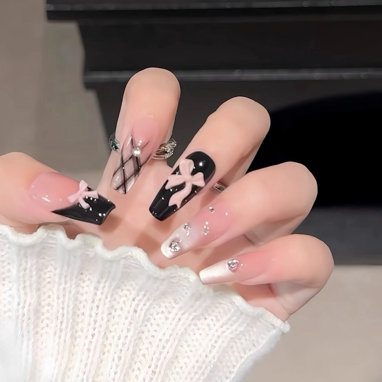 Black French Bow Cat-Eye Press-On Nails - Rhinestone Coquette Handmade
