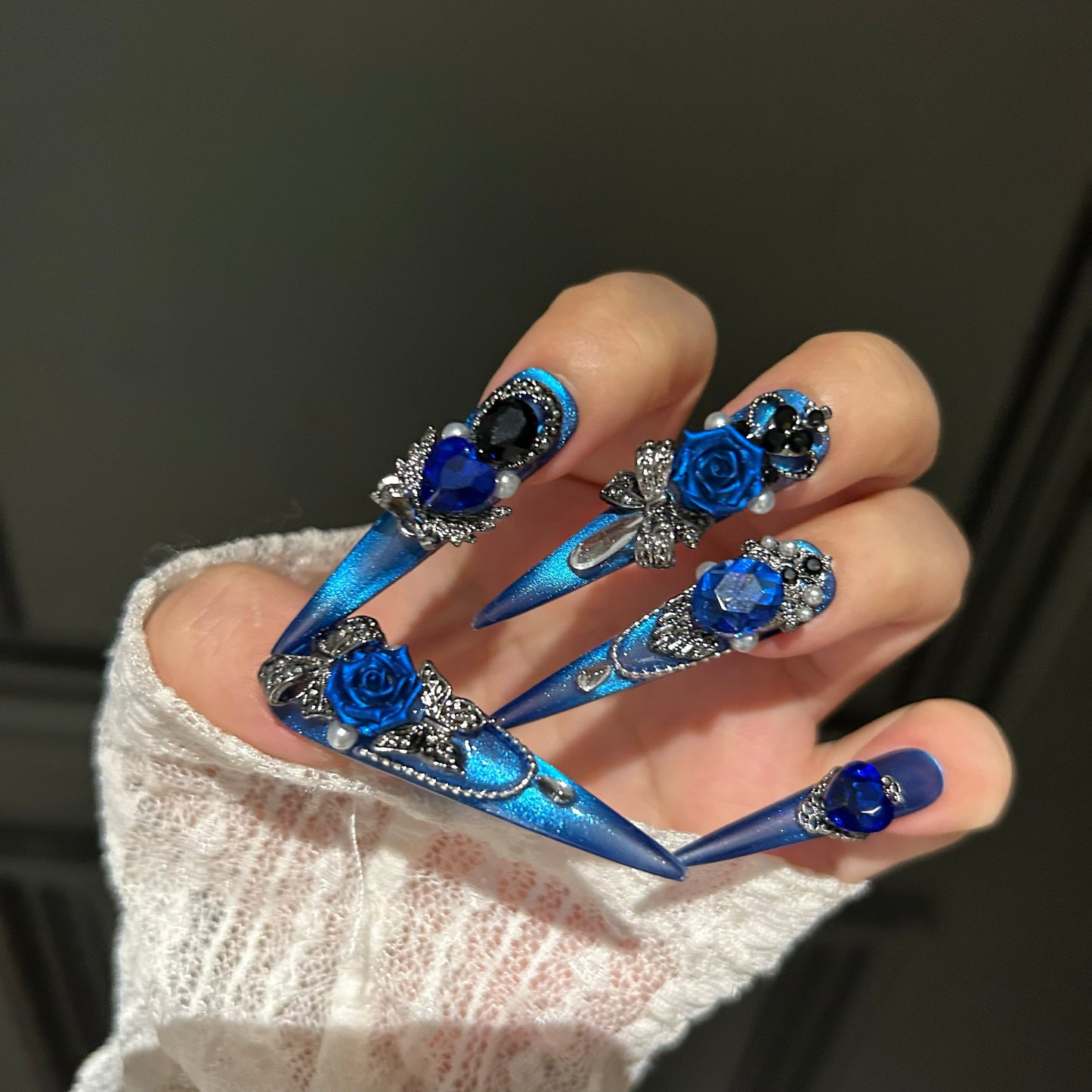 Deep Space Blue Cat-Eye Press-On Nails — Handmade Luxury Long Stiletto Fake Nails (Reusable)