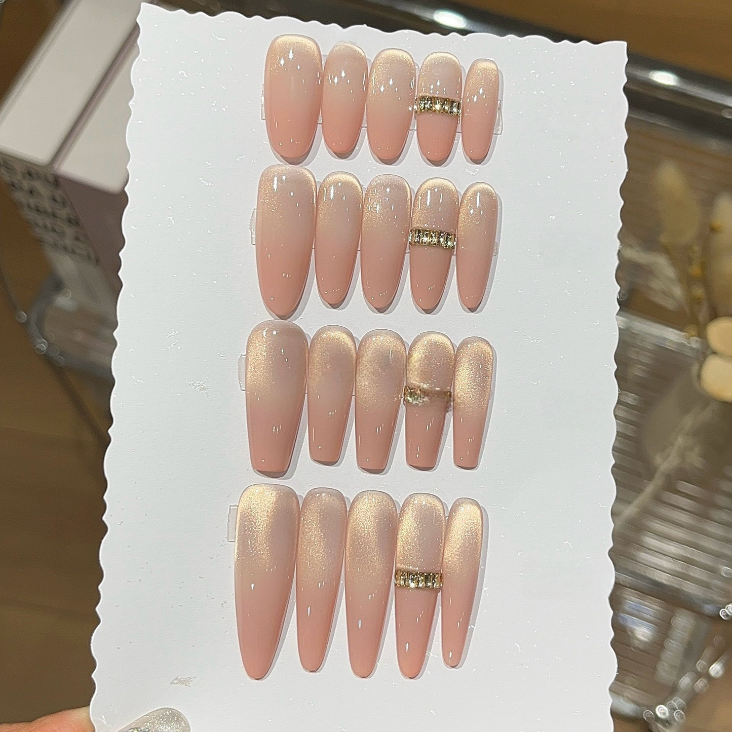 Peachy Glow Pink-Gold Cat-Eye Press-On Nails | Handmade