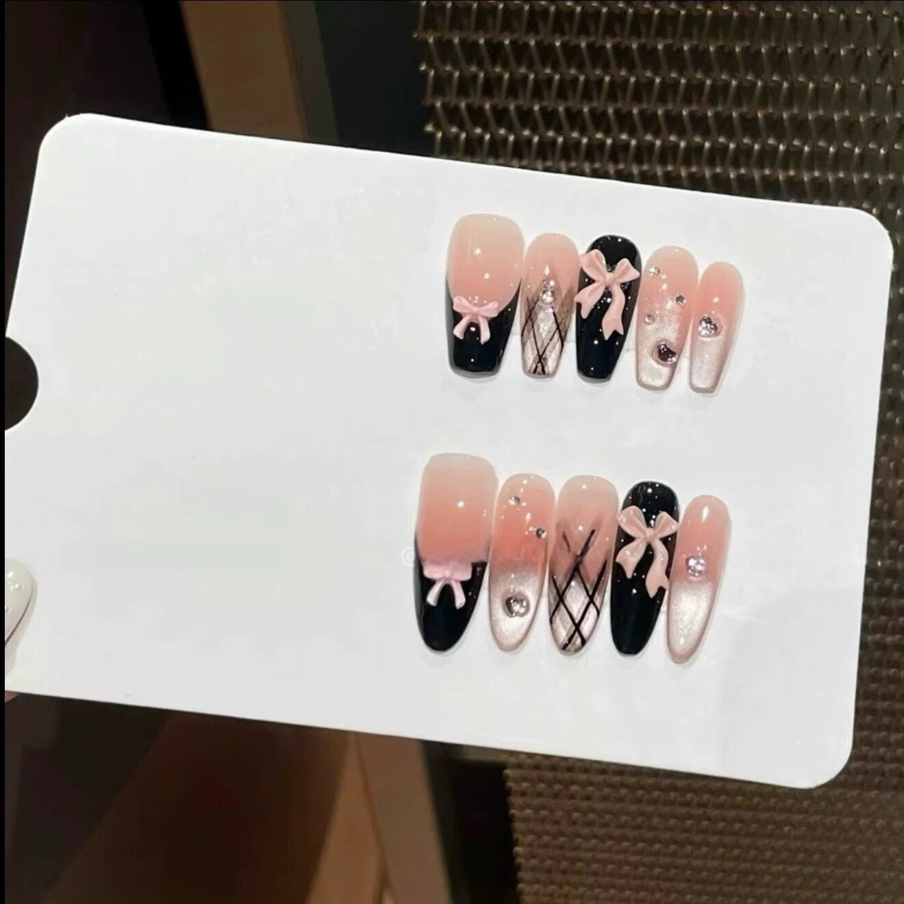 Black French Bow Cat-Eye Press-On Nails - Rhinestone Coquette Handmade