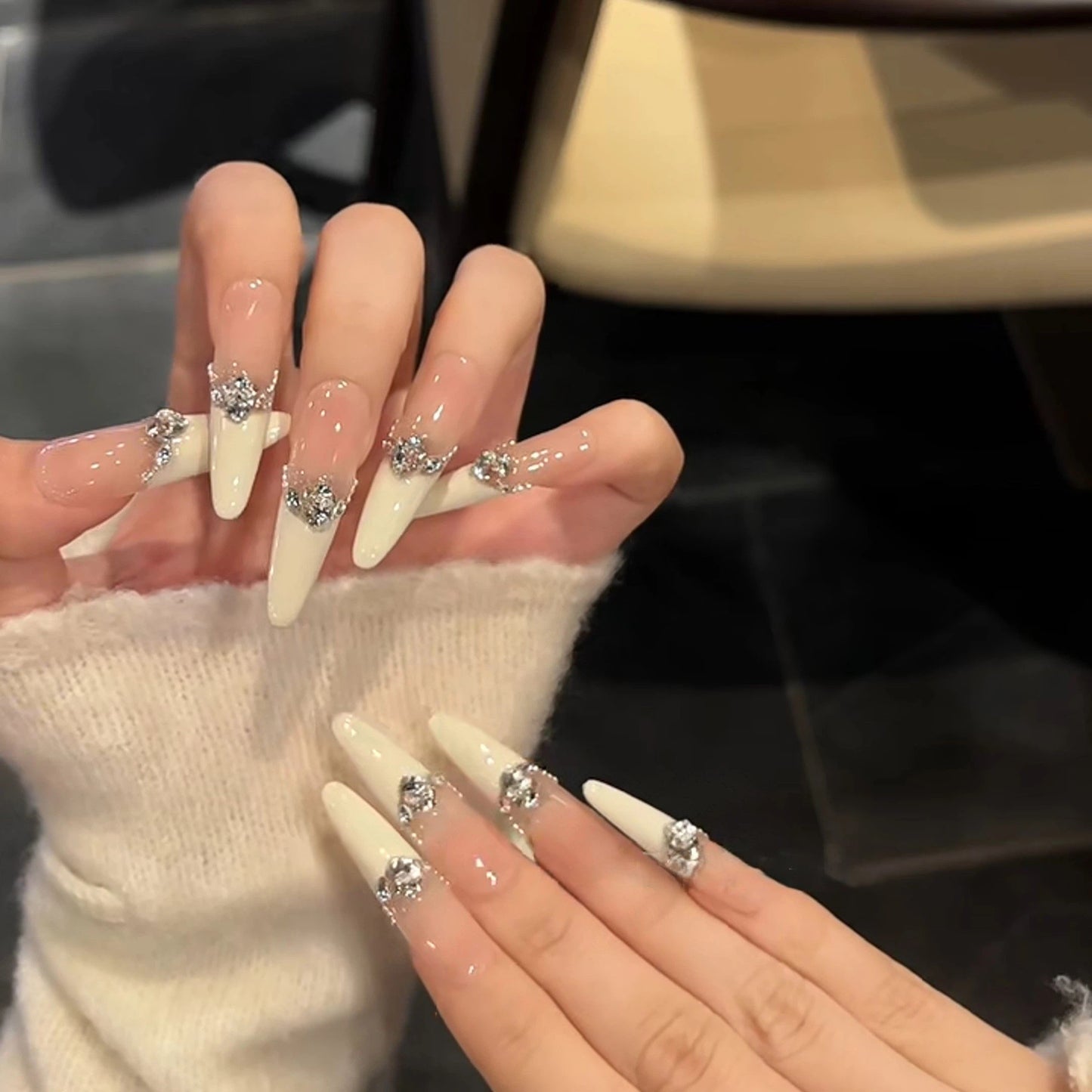 Silver Moon Ballet | Milky White French Crystal Press-On Nails