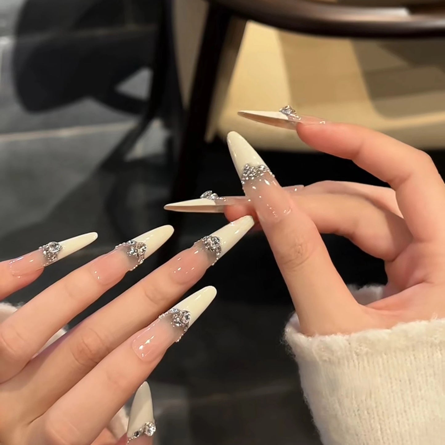 Silver Moon Ballet | Milky White French Crystal Press-On Nails