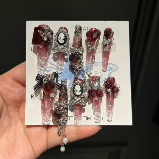 Gothic Lace Red Butterfly Press-On Nails — Handmade Vintage Ice-Crackle Glass Coffin Fake Nails (Reusable)