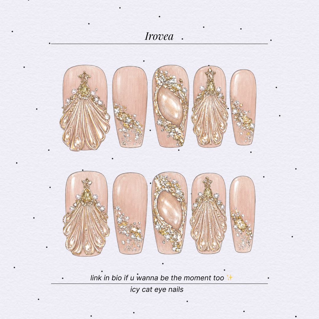 Irovea hand-drawn mermaid shell cat-eye press-on nail concept art