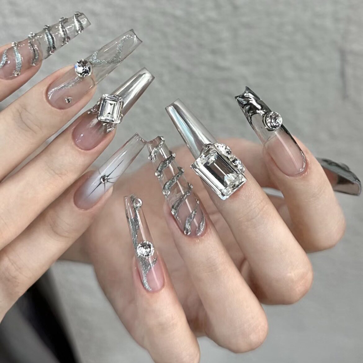 Iced Crystal Mirror Chrome Press-On Nails | Handmade Bridal Style - main product image 1