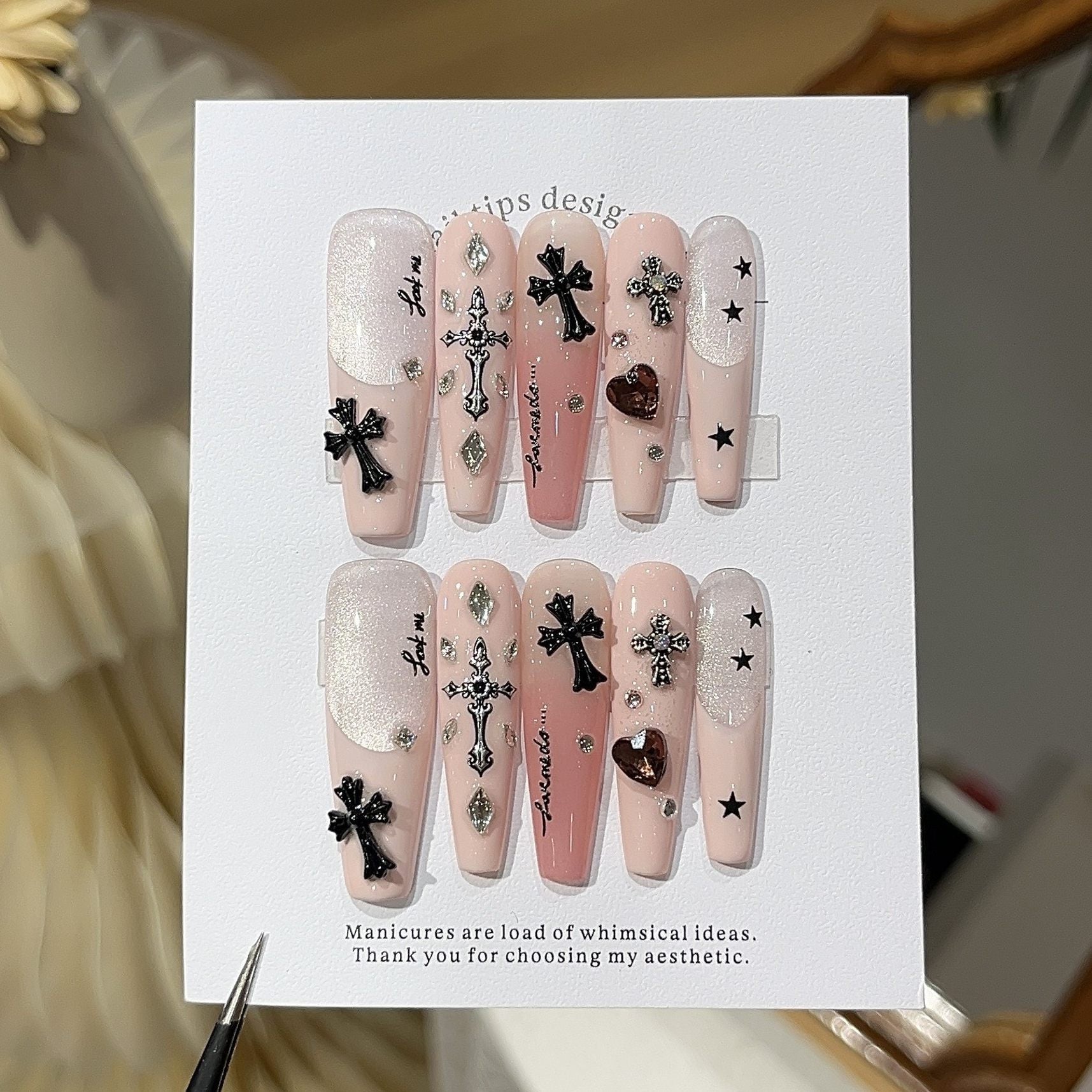 Sweet Sombre Cross | Pale Pink Rhinestone Press-On Nails - main product image 1