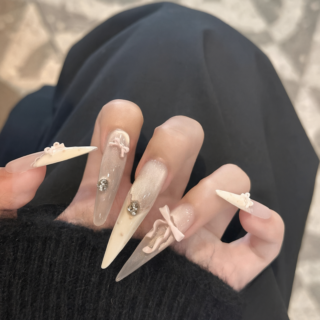 Handmade Ballet Bow White French Cat-Eye Press-On Nails - main product image 1