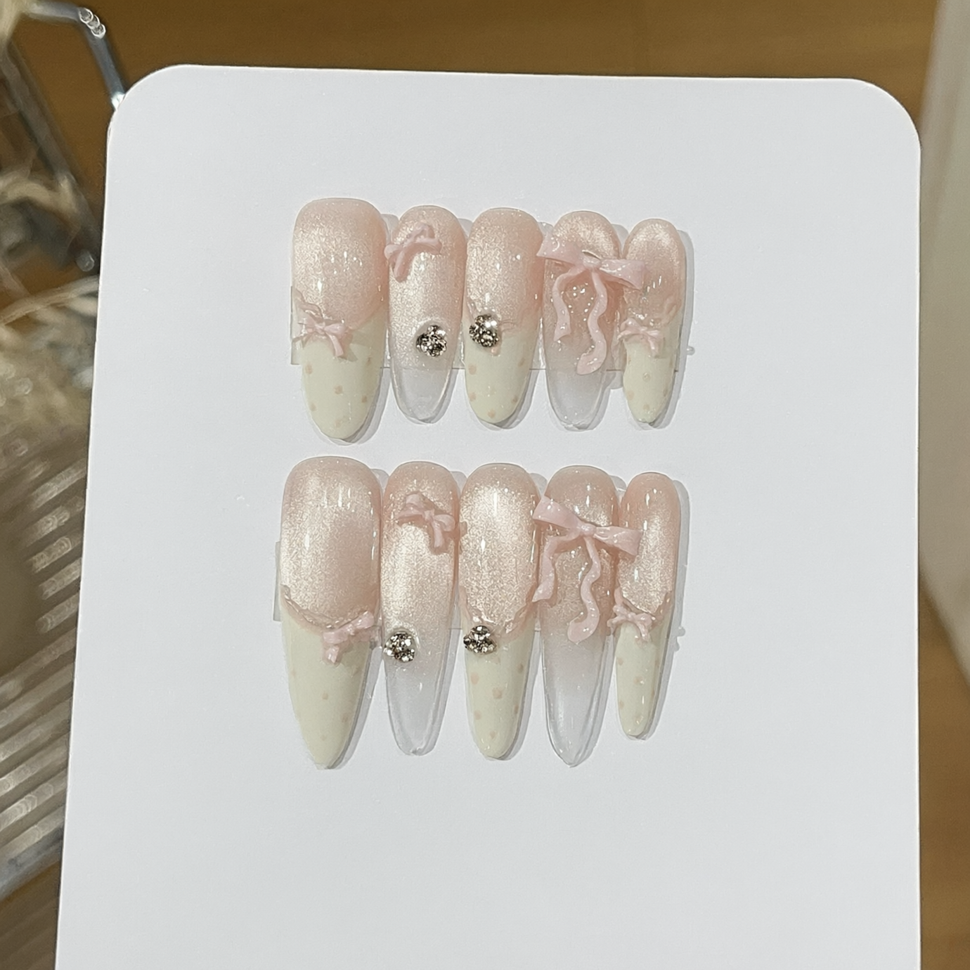 Handmade Ballet Bow White French Cat-Eye Press-On Nails - main product image 2