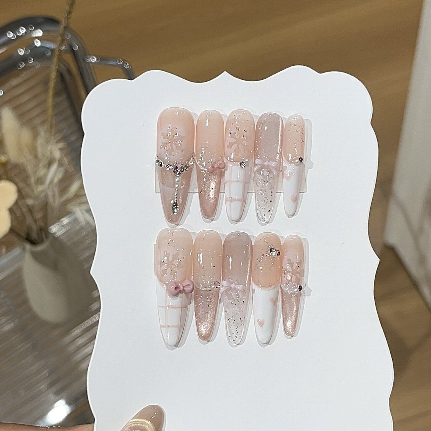 White Peach Canelé | Pink Cat-Eye Plaid French Press-On Nails - main product image 2