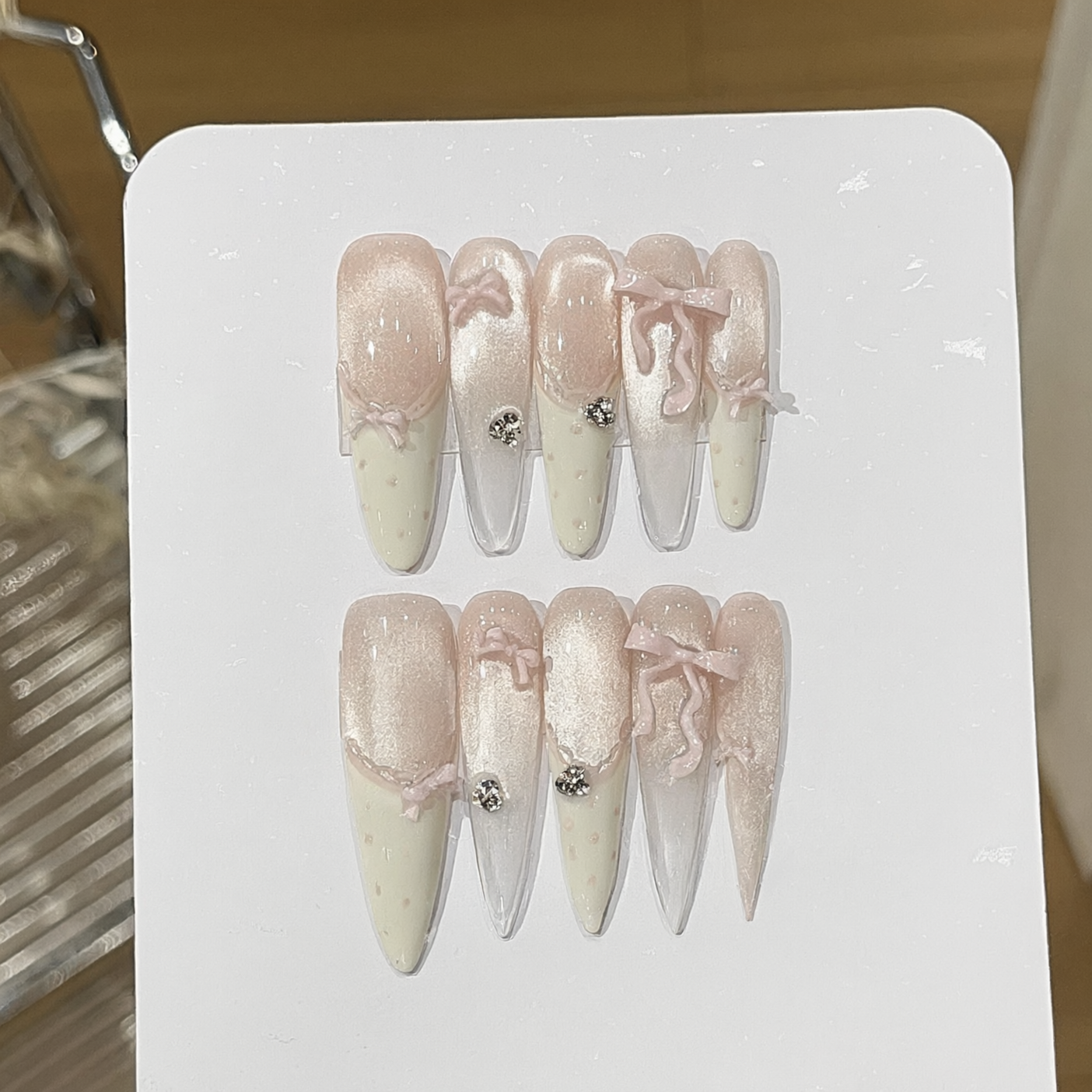 Handmade Ballet Bow White French Cat-Eye Press-On Nails - main product image 3