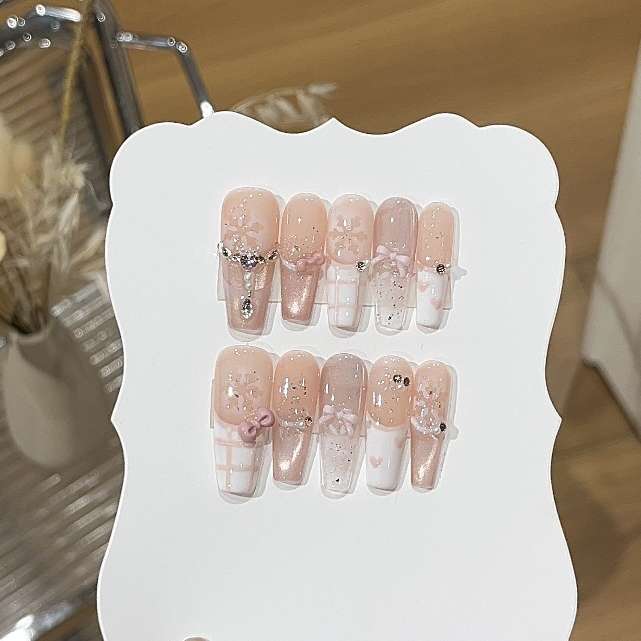 White Peach Canelé | Pink Cat-Eye Plaid French Press-On Nails - main product image 3