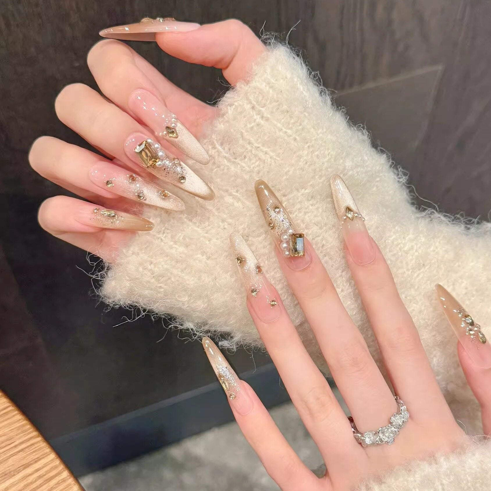 Girlish Heart | Nude Champagne Cat-Eye Press-On Nails - main product image 3