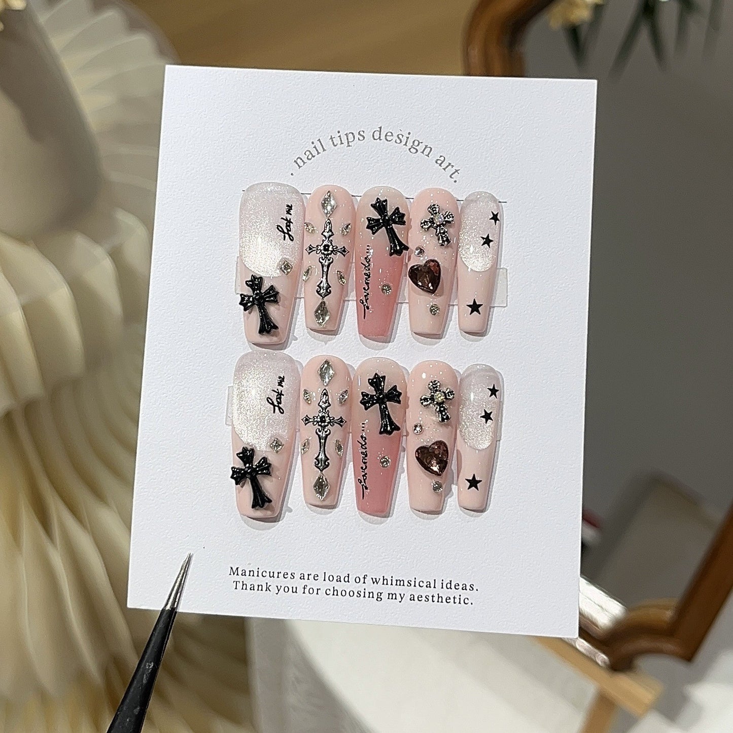 Sweet Sombre Cross | Pale Pink Rhinestone Press-On Nails - main product image 3