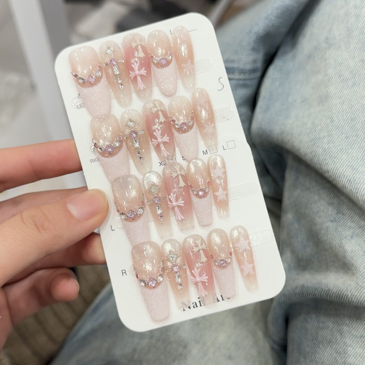 Pink Sugar Cross & Star | Cat-Eye French Press-On Nails - main product image 3