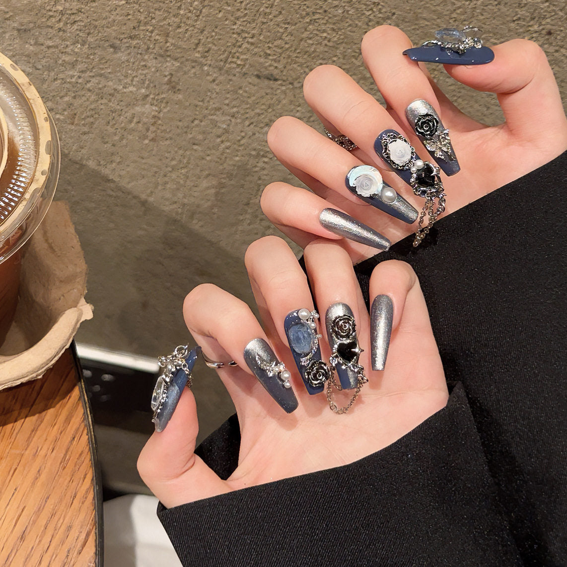 Midnight Rose | Handmade Blue Press-On Nails - main product image 3