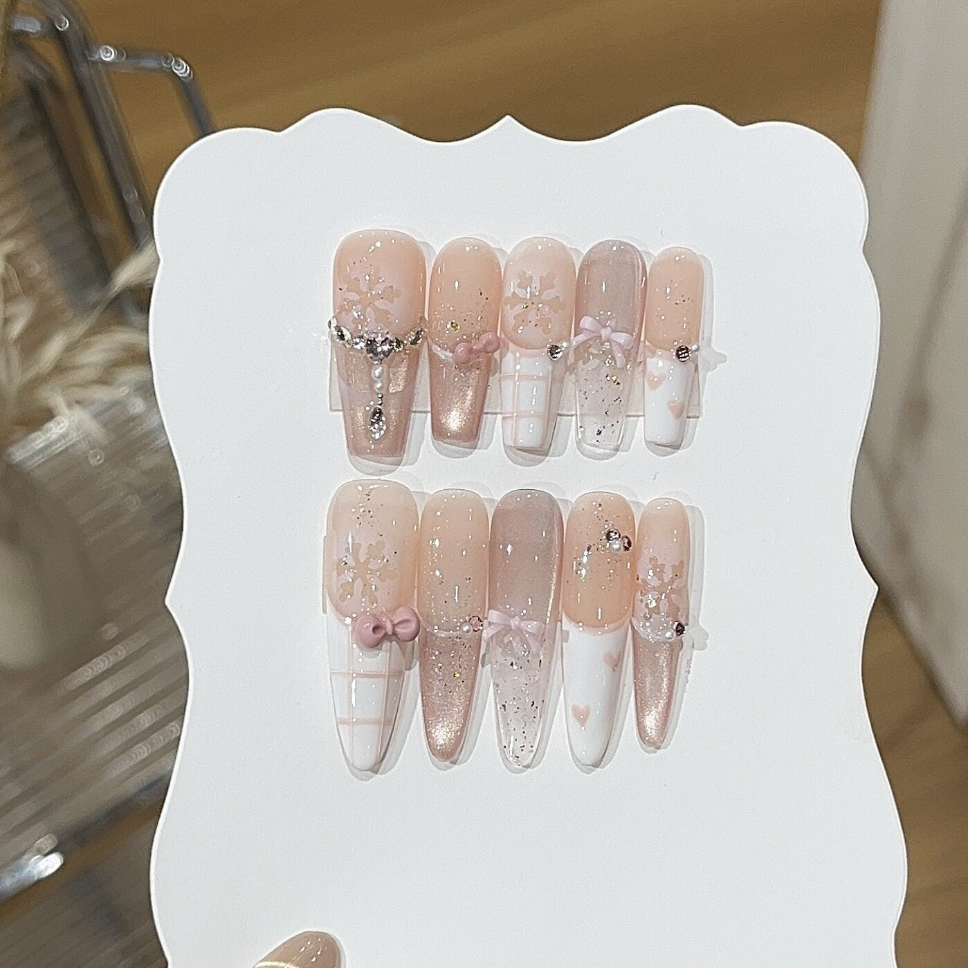 White Peach Canelé | Pink Cat-Eye Plaid French Press-On Nails - main product image 4