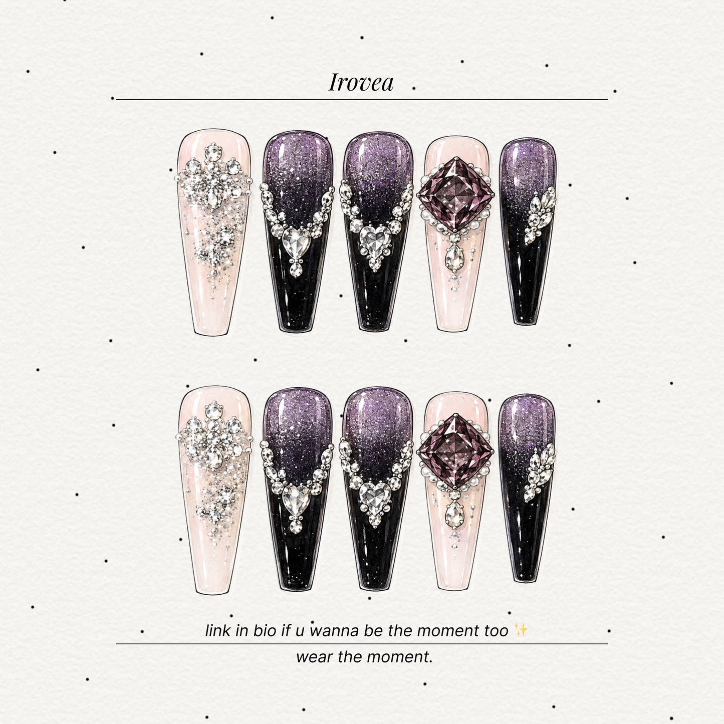 Violet Cat-Eye Long Press-On Nails | Handmade Stacked Gems