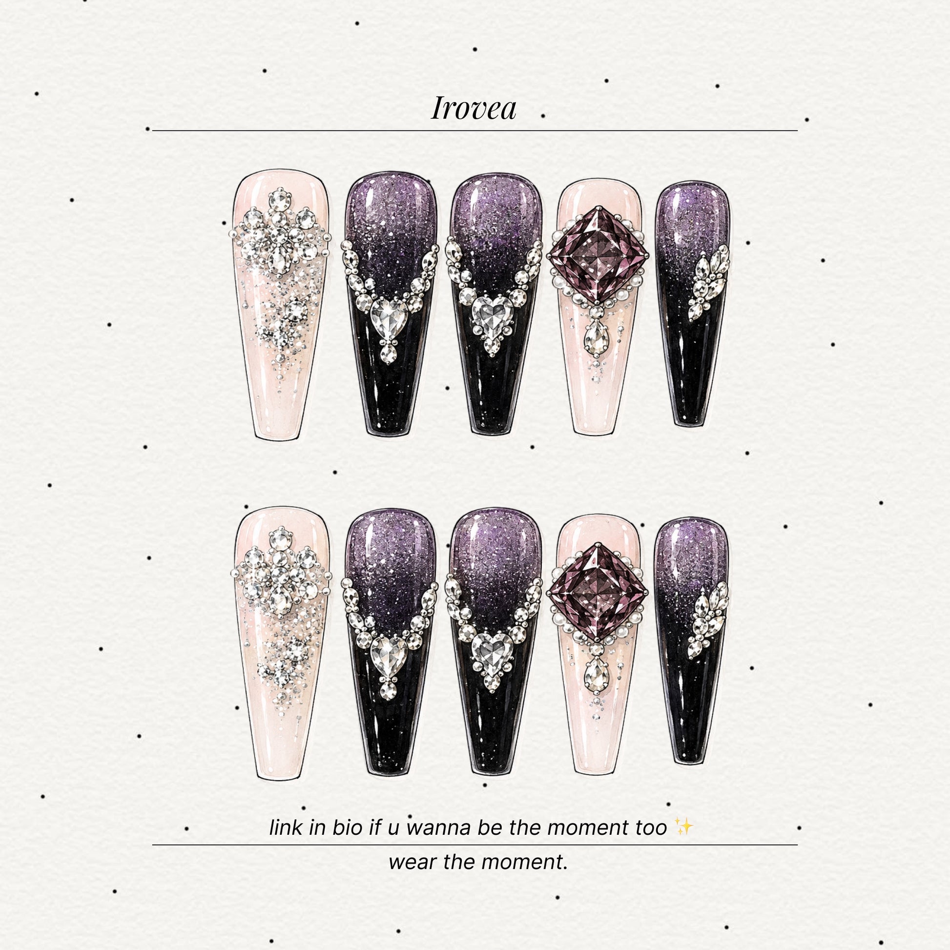 Violet Cat-Eye Long Press-On Nails | Handmade Stacked Gems