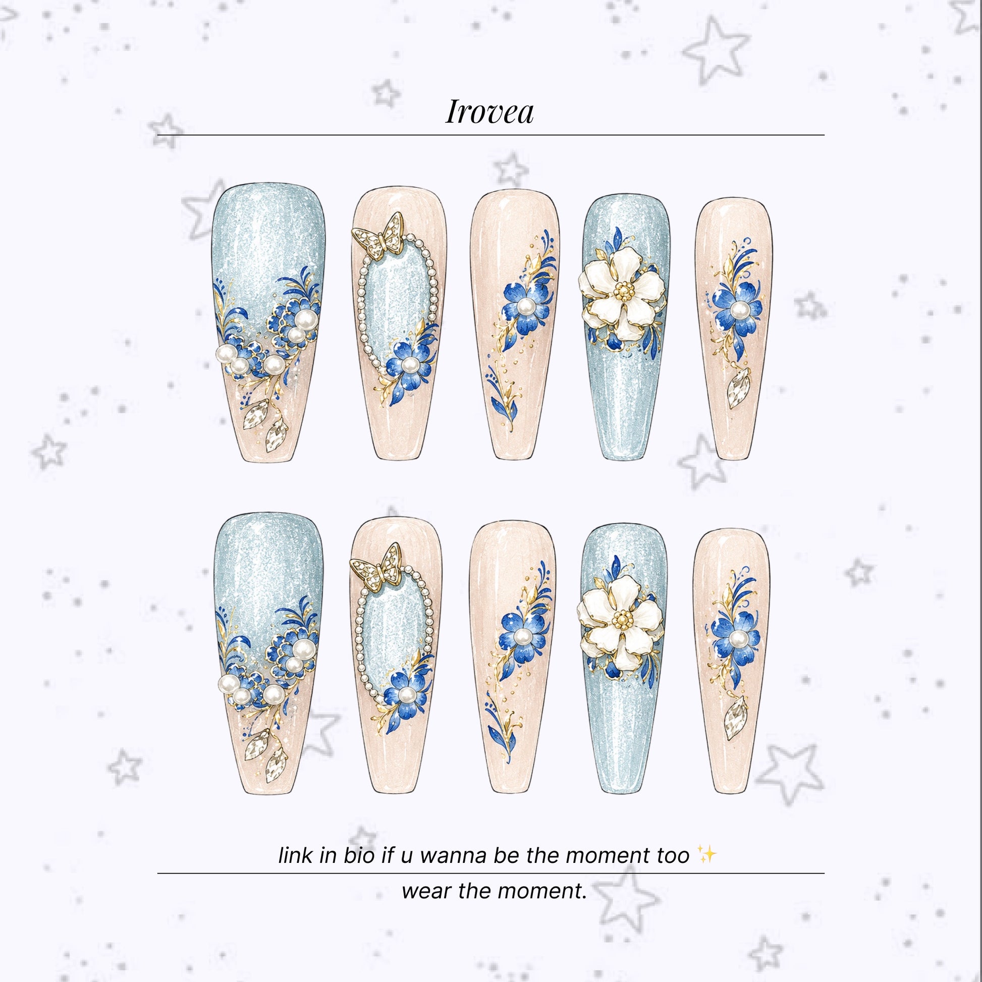 White Porcelain Blue Floral | Gilded Press-On Nails