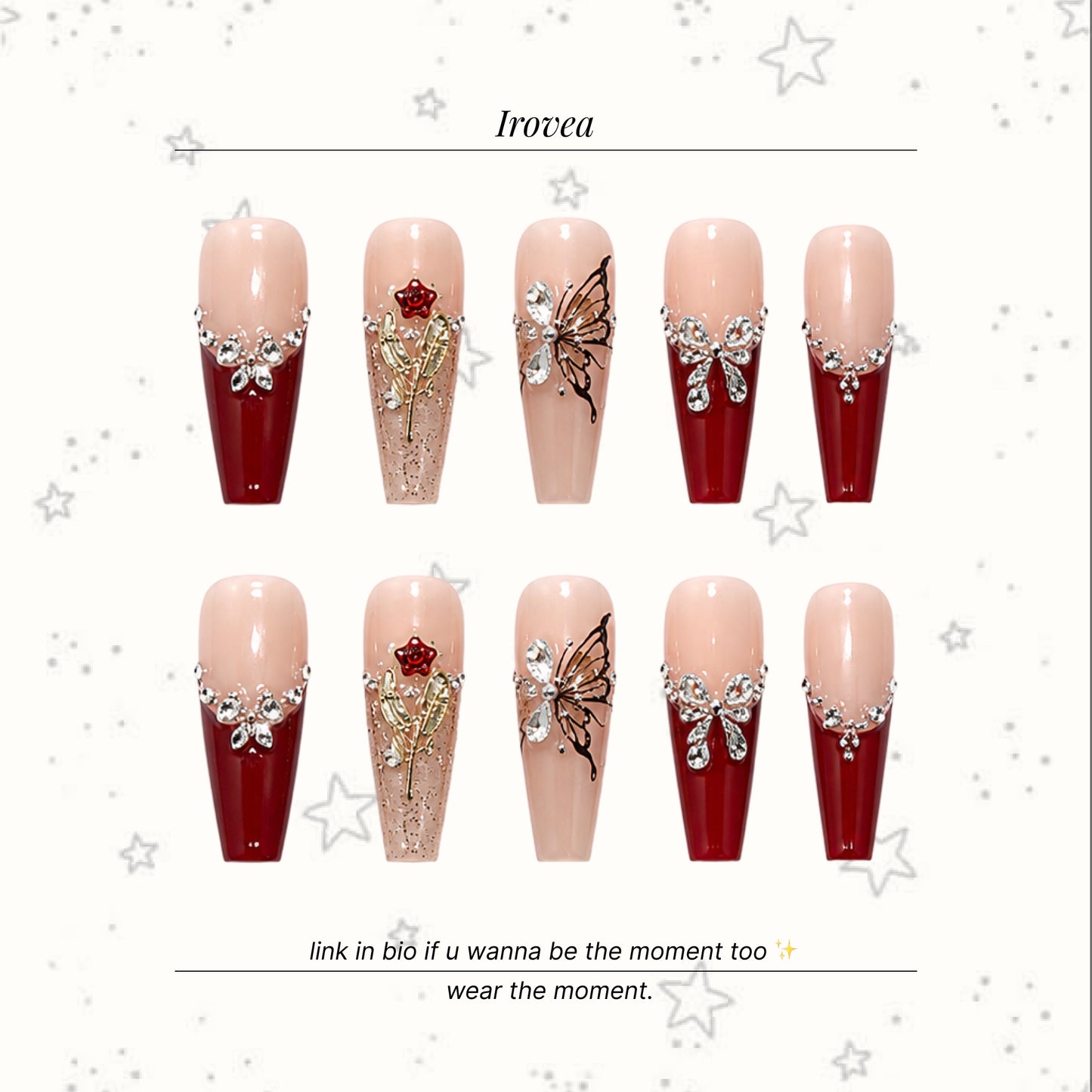 Dark Red Butterfly | Red French Rhinestone Press-On Nails