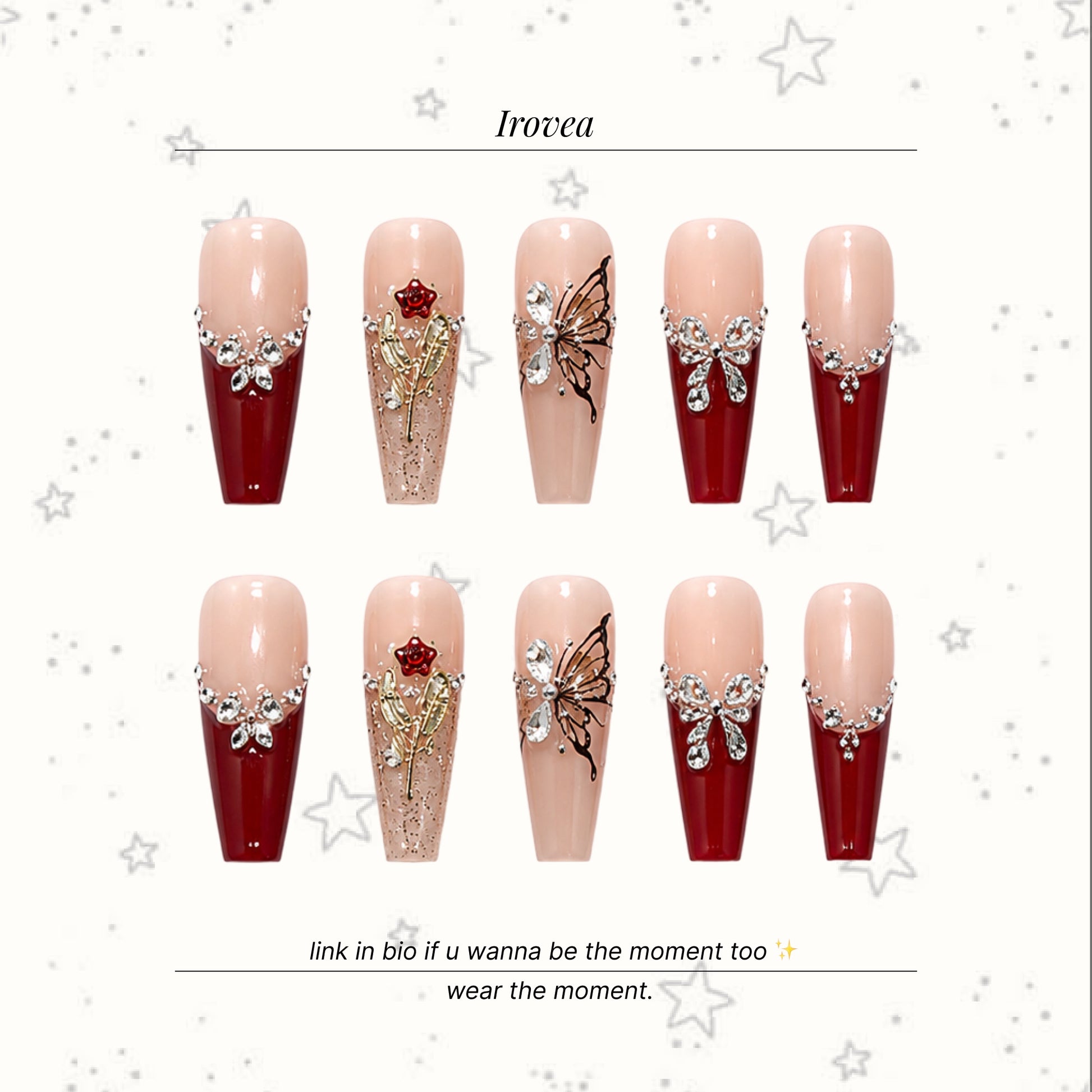 Dark Red Butterfly | Red French Rhinestone Press-On Nails