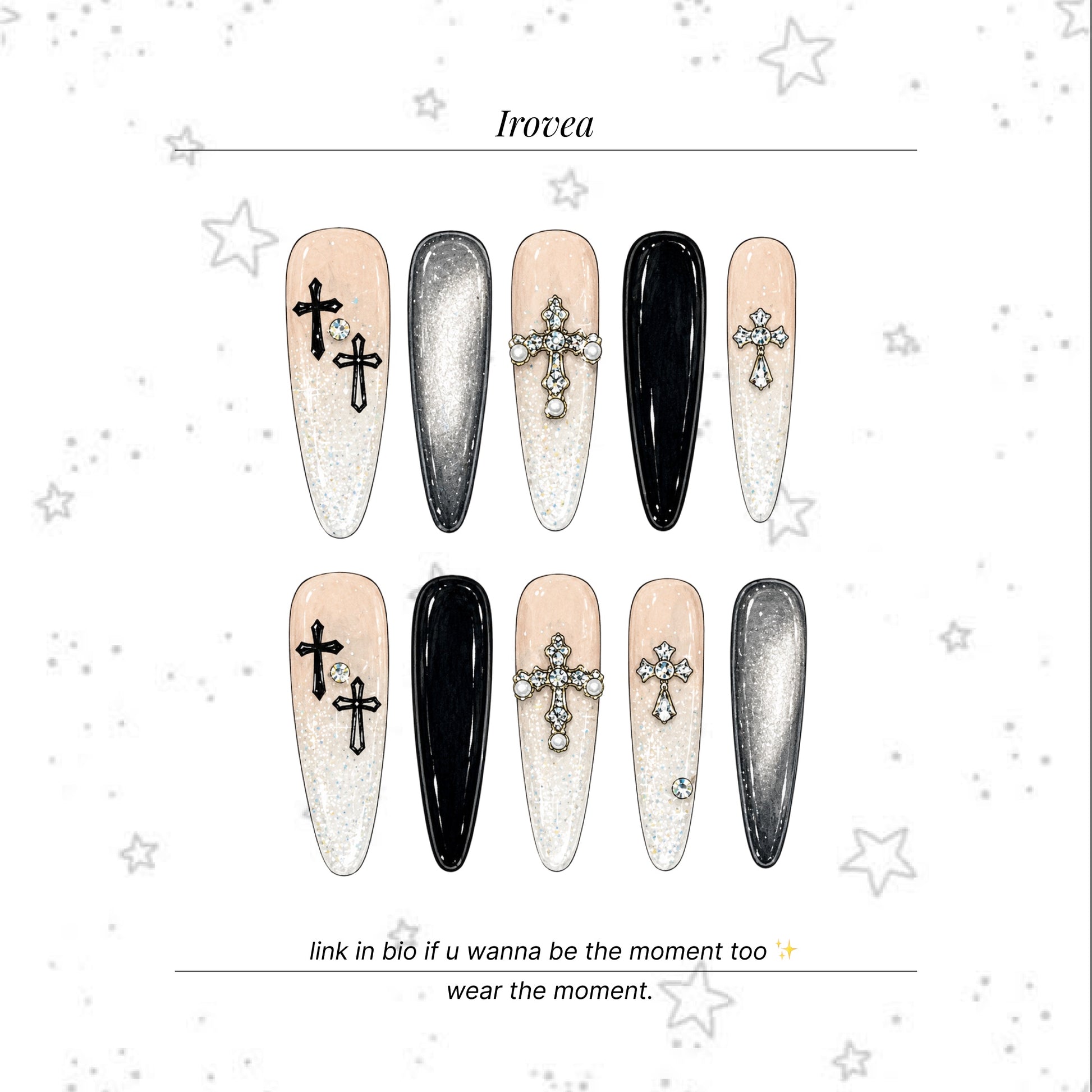 Midnight Edge Cat-Eye Press-On Nails with Metal Crosses