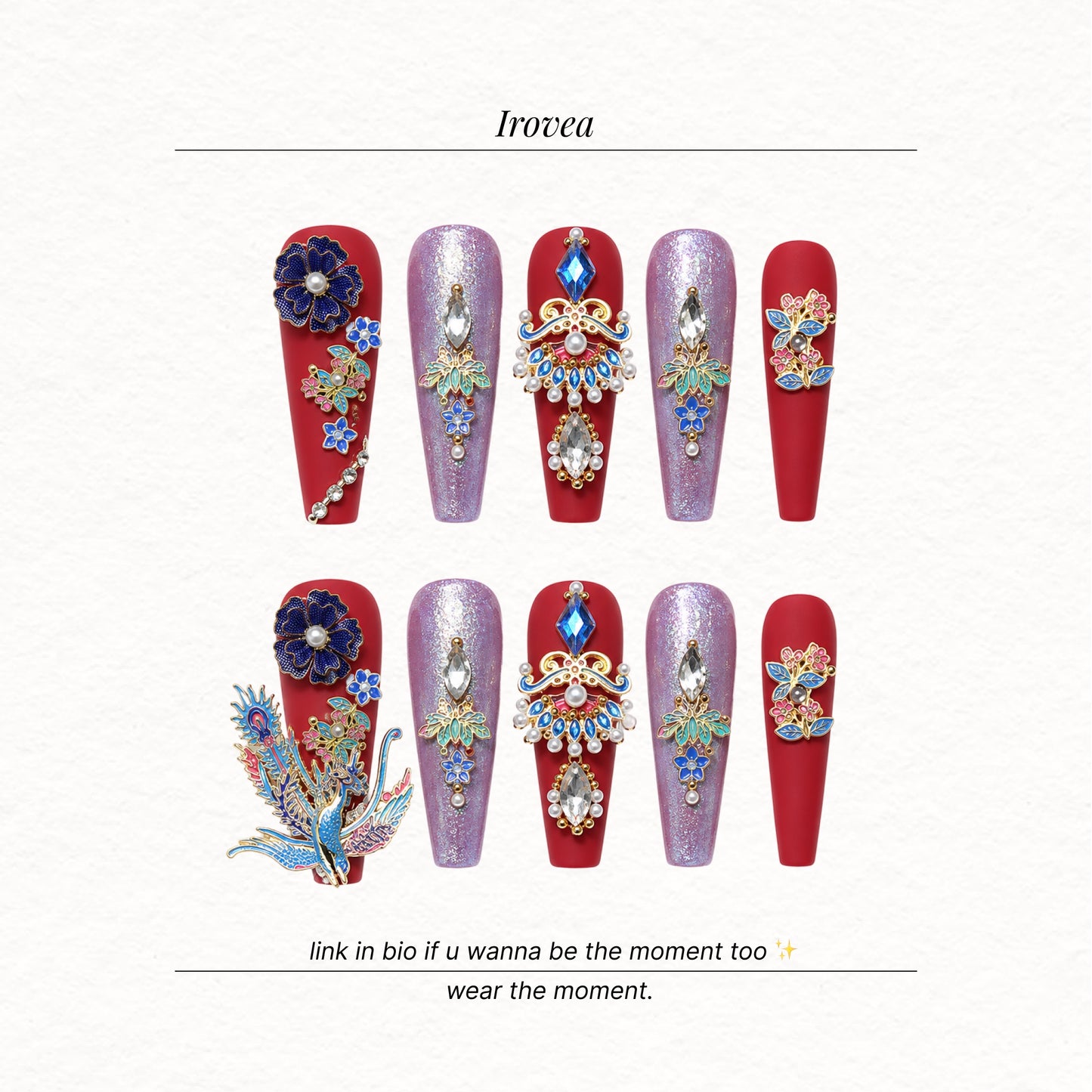 Phoenix Bridal | Red & Blue 3D Press-On Nails
